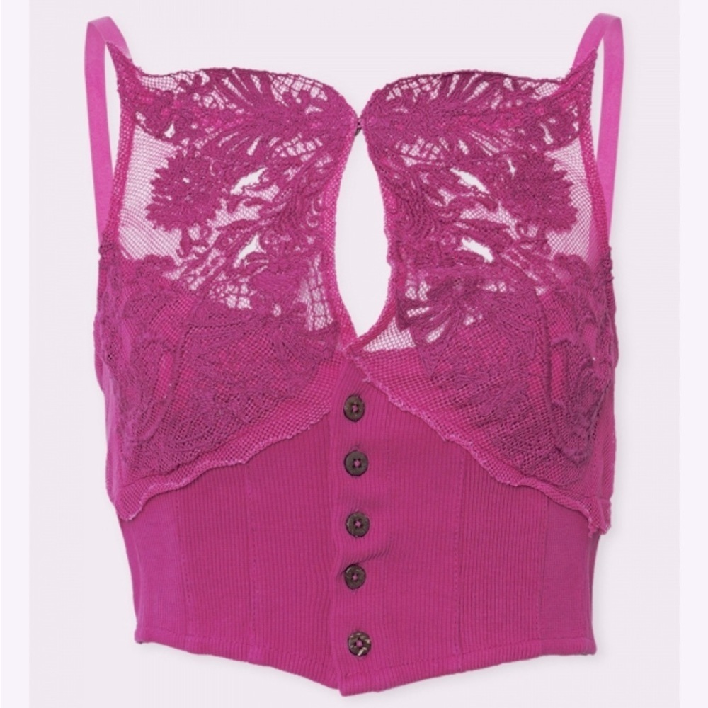 NEW FREE PEOPLE- Crop Top w/ lace detail and cutout button up corset in fuchsia